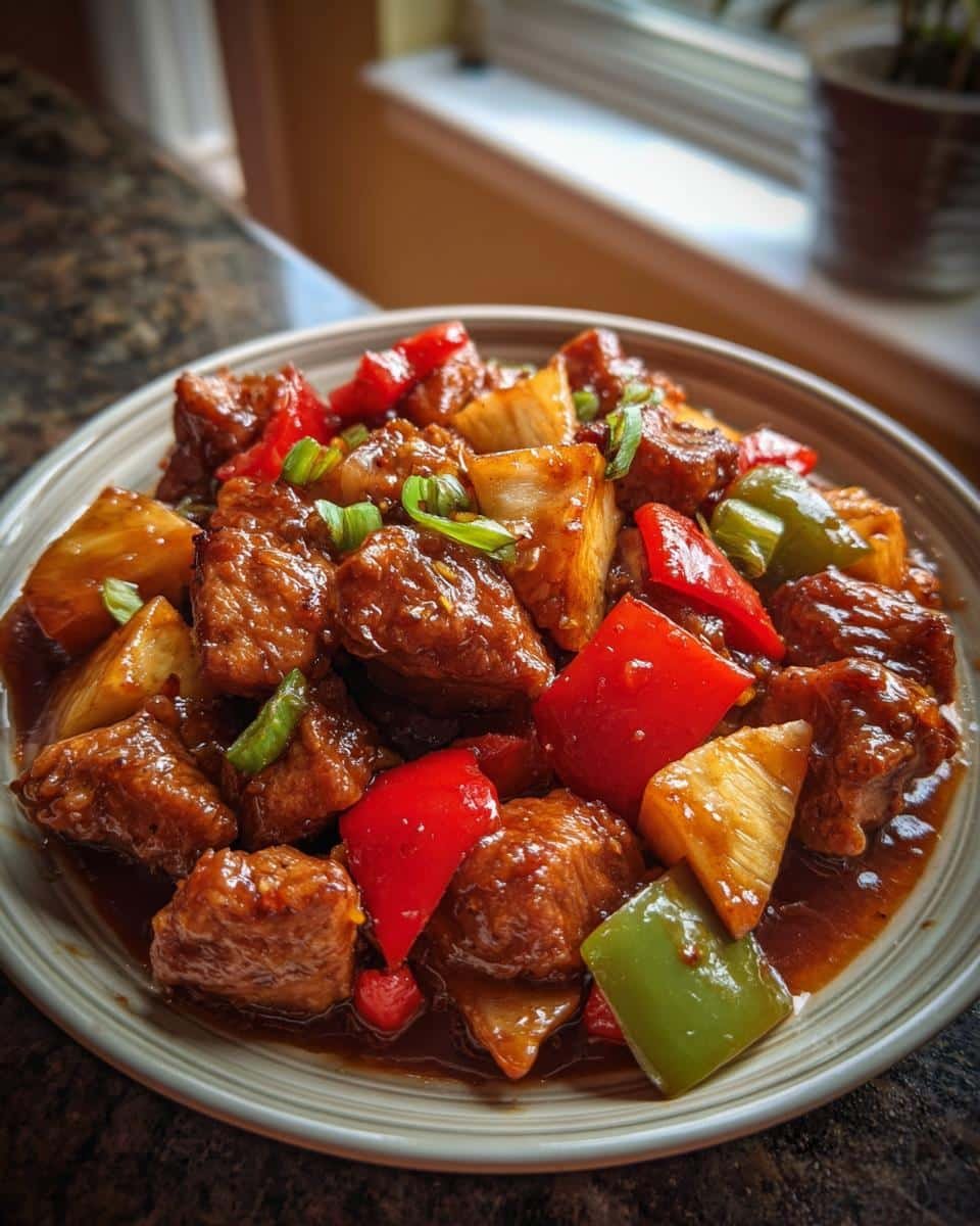 Crockpot Sweet and Sour Chicken: 5 Easy Steps to Delicious 7 A plate of Crockpot Sweet and Sour Chicken with pineapple and peppers, garnished with scallions.