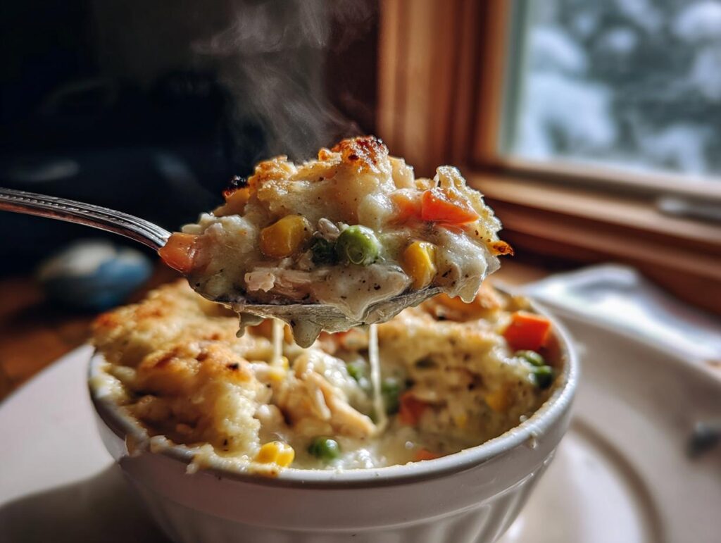 Steaming Crustless Chicken Pot Pie being lifted with a spoon, showing chicken and vegetables.