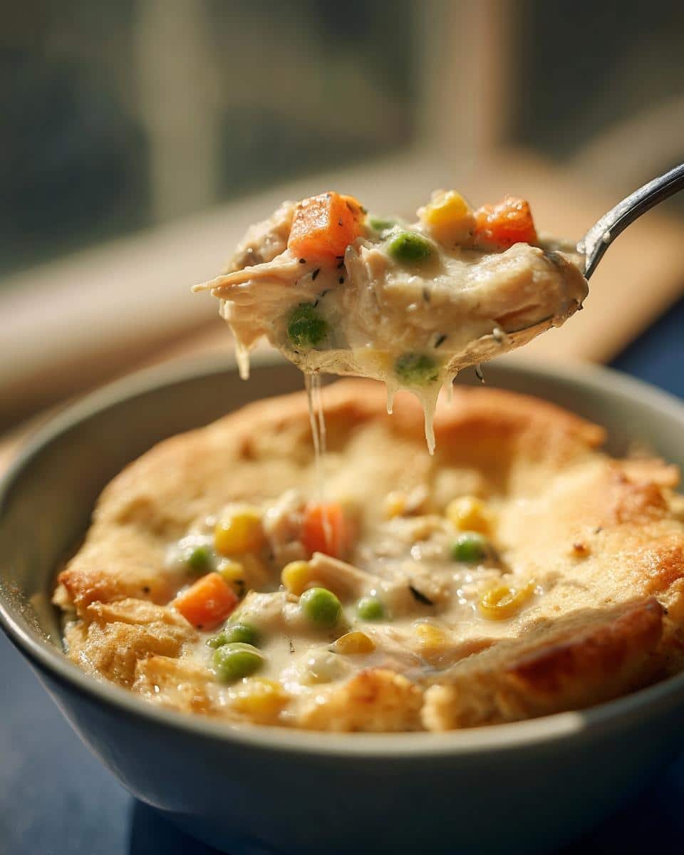 Crustless Chicken Pot Pie: 10 Minute Comfort Fix 6 A spoonful of creamy Crustless Chicken Pot Pie with chicken, peas, carrots, and corn.