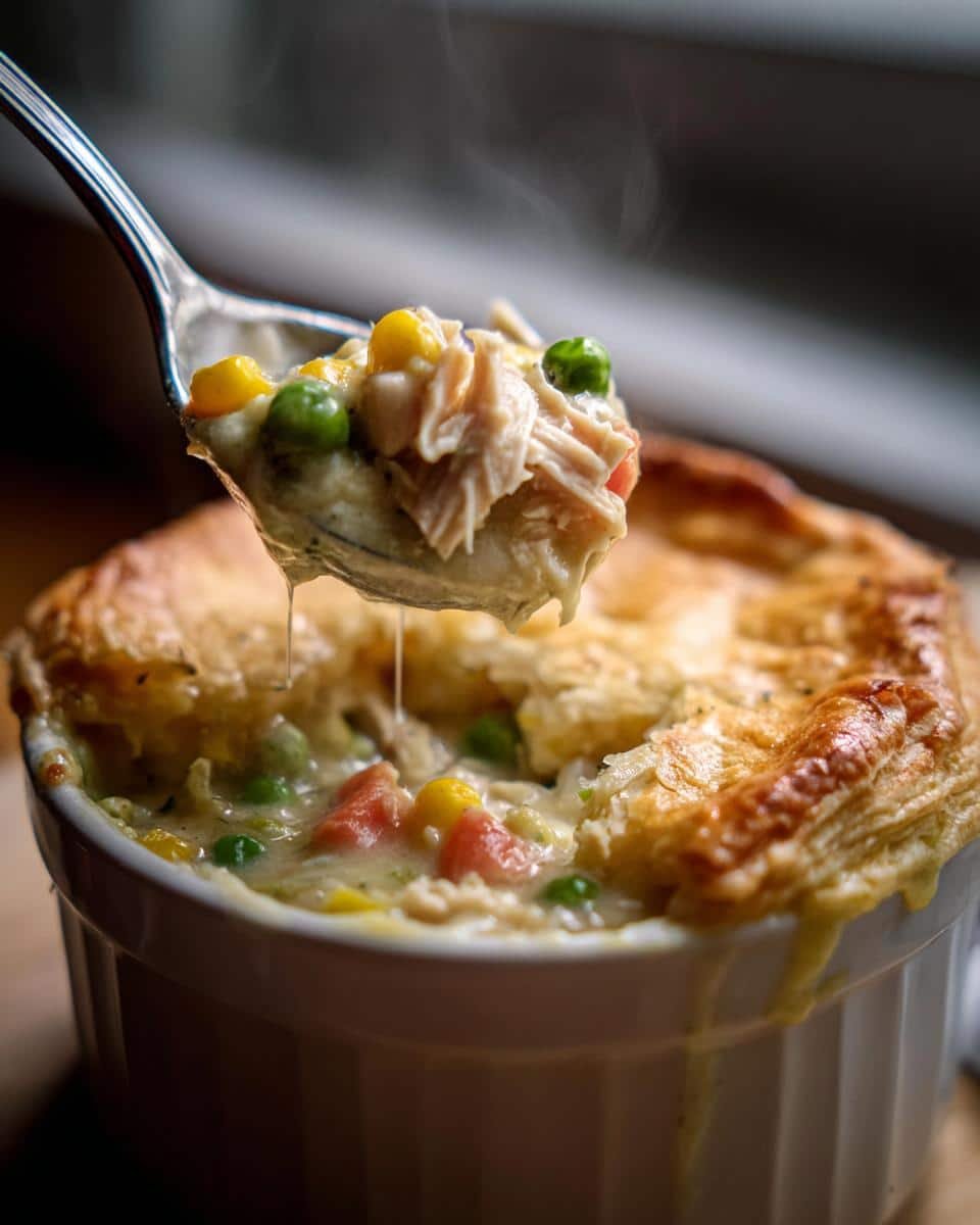 Crustless Chicken Pot Pie: 10 Minute Comfort Fix 8 A spoonful of hot Crustless Chicken Pot Pie being lifted from a ramekin, showing chicken, peas, corn, and a golden crust.