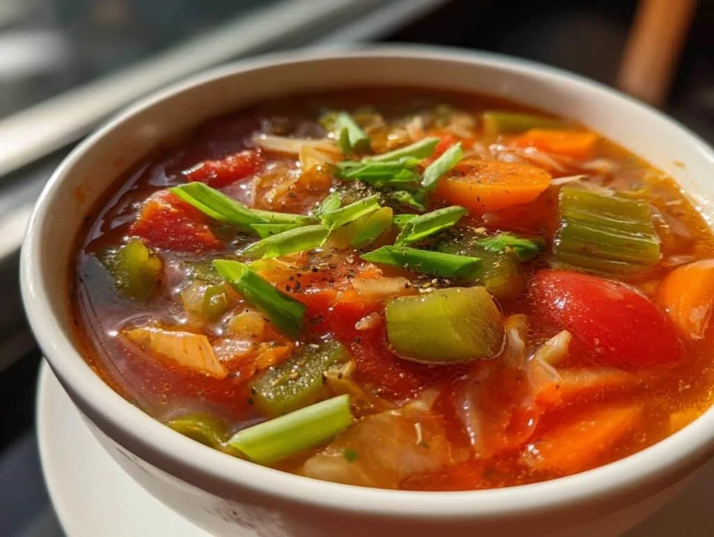 A close-up of a bowl of Detox Cabbage Soup, filled with colorful vegetables and garnished with fresh herbs.