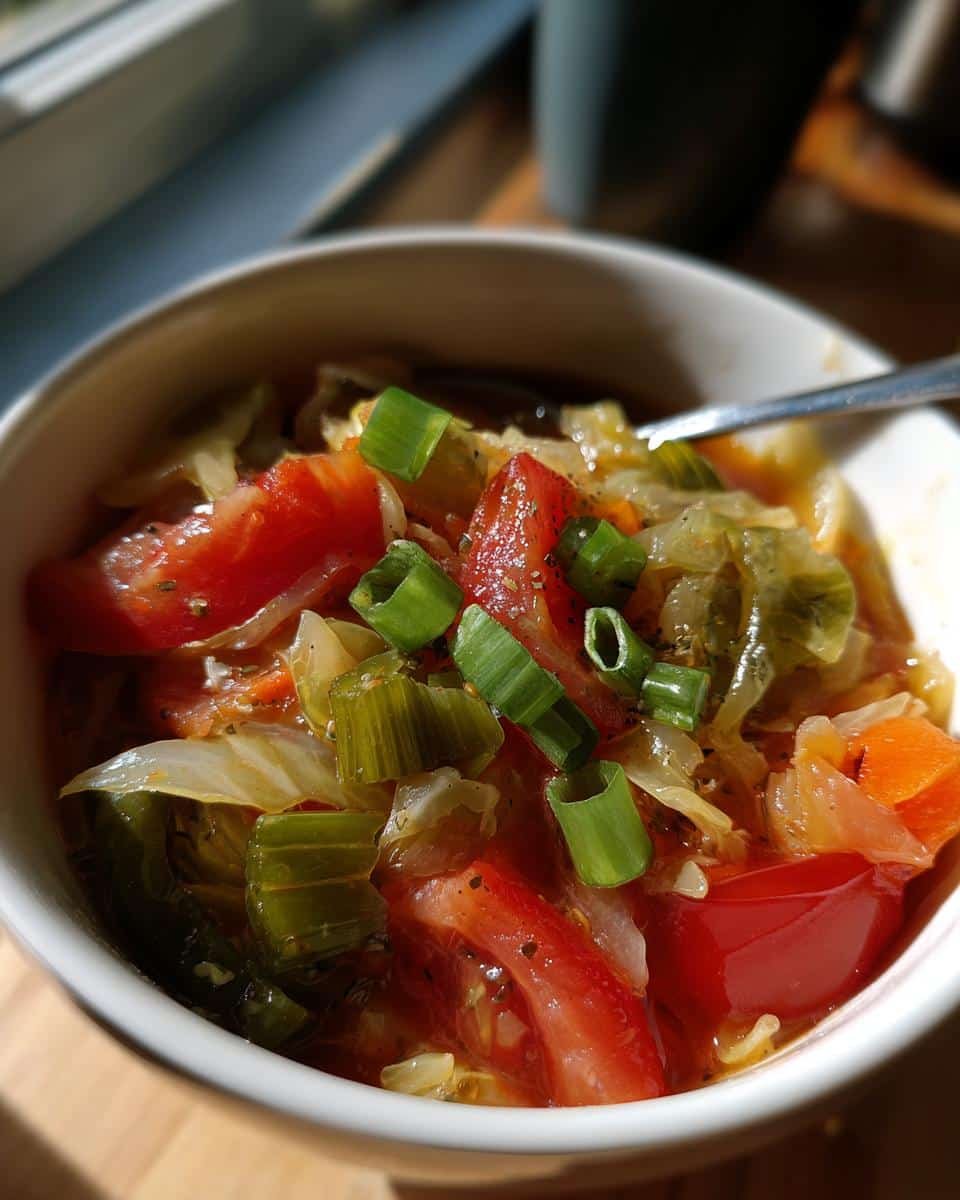 Unhealthy? 1-Hour Detox Cabbage Soup To The Rescue 6 Close-up of a bowl of Detox Cabbage Soup, featuring cabbage, tomatoes, and green onions.