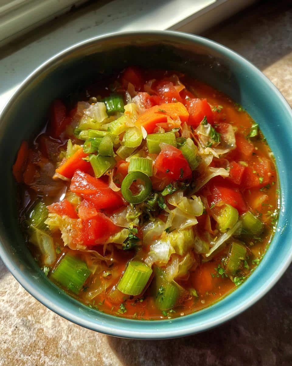 Unhealthy? 1-Hour Detox Cabbage Soup To The Rescue 7 A vibrant bowl of Detox Cabbage Soup filled with cabbage, tomatoes, carrots, and celery.