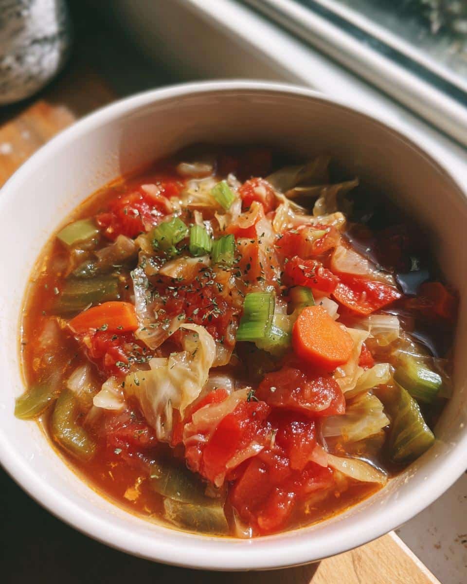 Unhealthy? 1-Hour Detox Cabbage Soup To The Rescue 8 A bowl of Detox Cabbage Soup, filled with cabbage, tomatoes, carrots, and celery in a broth.