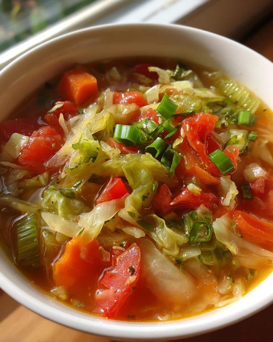 Unhealthy? 1-Hour Detox Cabbage Soup To The Rescue 9 Close-up of a bowl of Detox Cabbage Soup, featuring cabbage, tomatoes, carrots, and green onions in a clear broth.