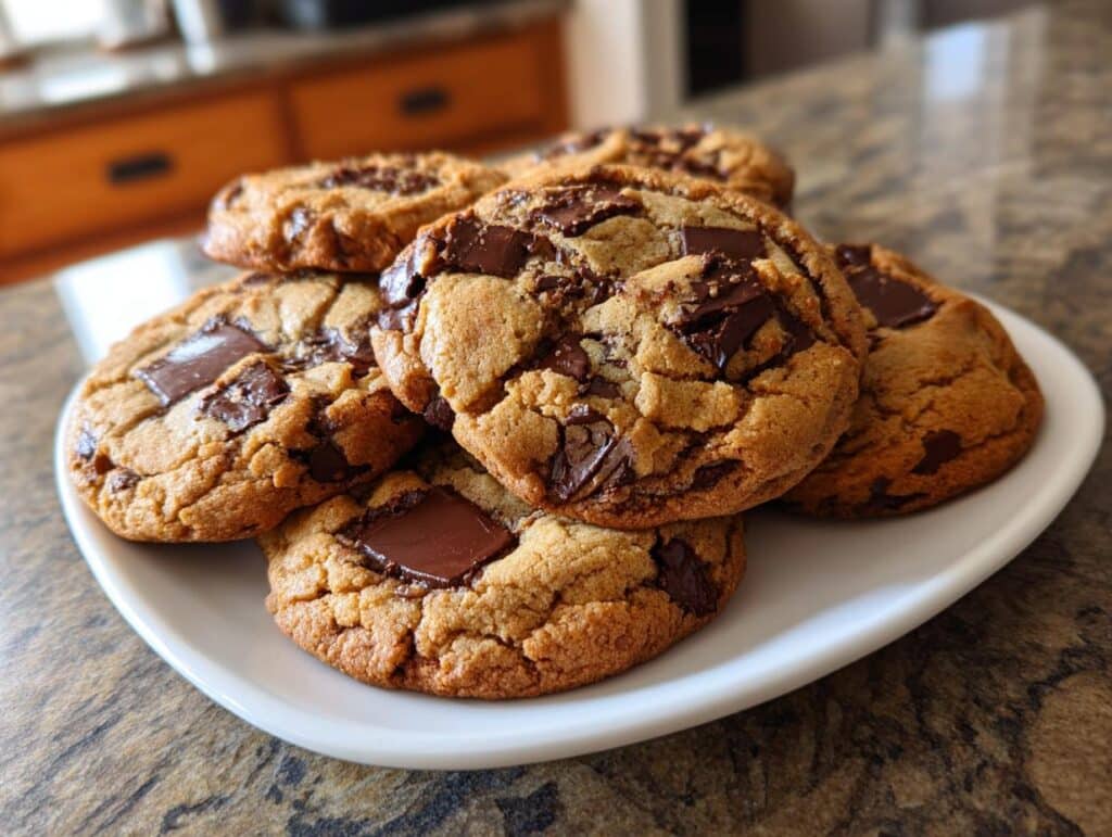 A tempting pile of freshly baked Double Chocolate Chunk Cookies on a white plate, ready to be enjoyed.