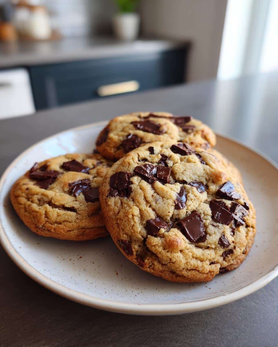 Sinful Double Chocolate Chunk Cookies in Just 12 Minutes 6 Three Double Chocolate Chunk Cookies on a speckled plate, showcasing the rich chocolate chunks.