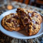 Close-up of Double Chocolate Chunk Cookies on a white plate, showing melted chocolate chunks.
