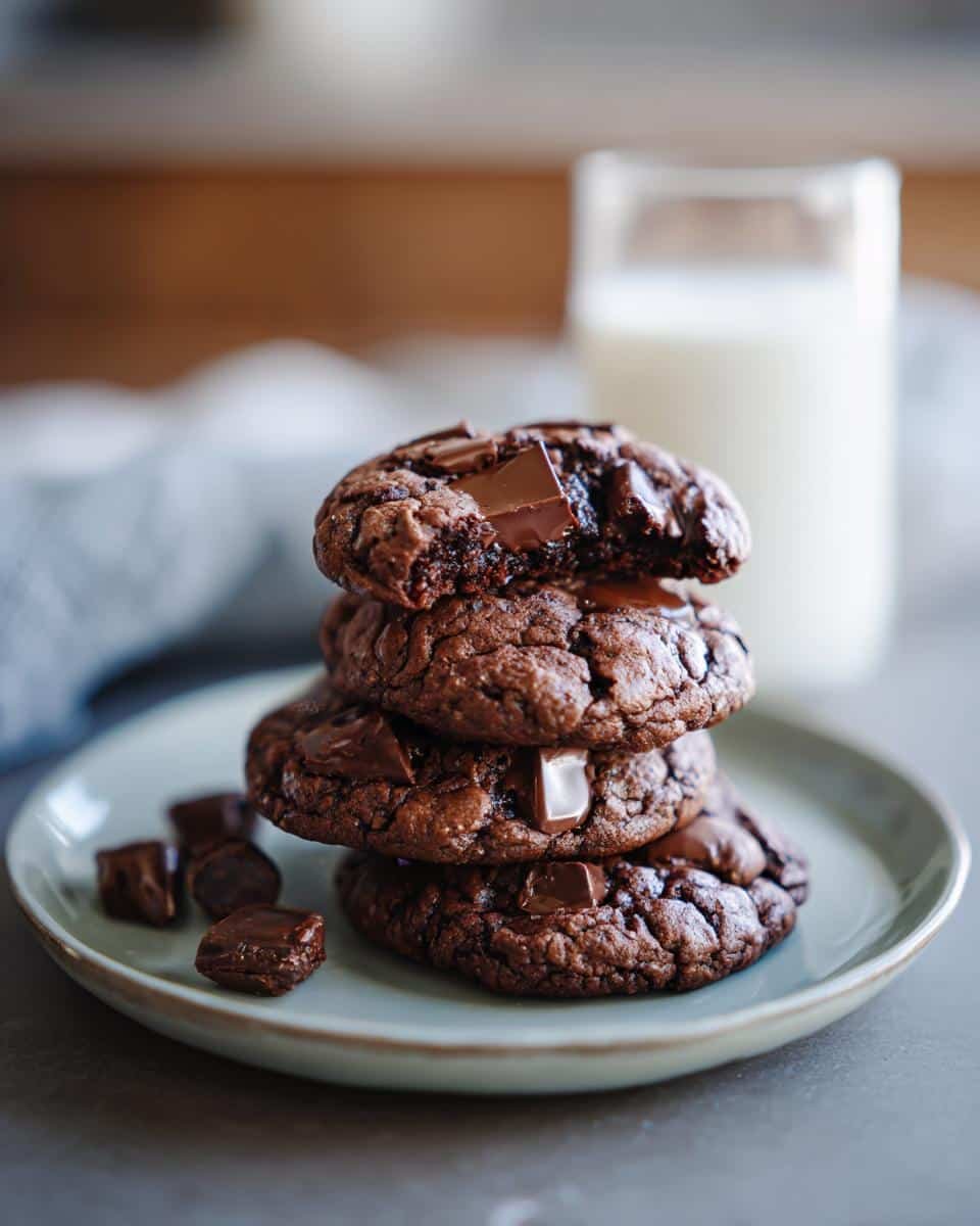 Sinful Double Chocolate Chunk Cookies in Just 12 Minutes 8 A stack of four decadent Double Chocolate Chunk Cookies on a plate, with a glass of milk in the background.