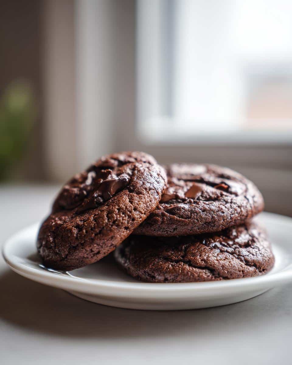 Sinful Double Chocolate Chunk Cookies in Just 12 Minutes 9 A stack of three freshly baked Double Chocolate Chunk Cookies on a white plate, showcasing their rich color and melted chocolate chunks.