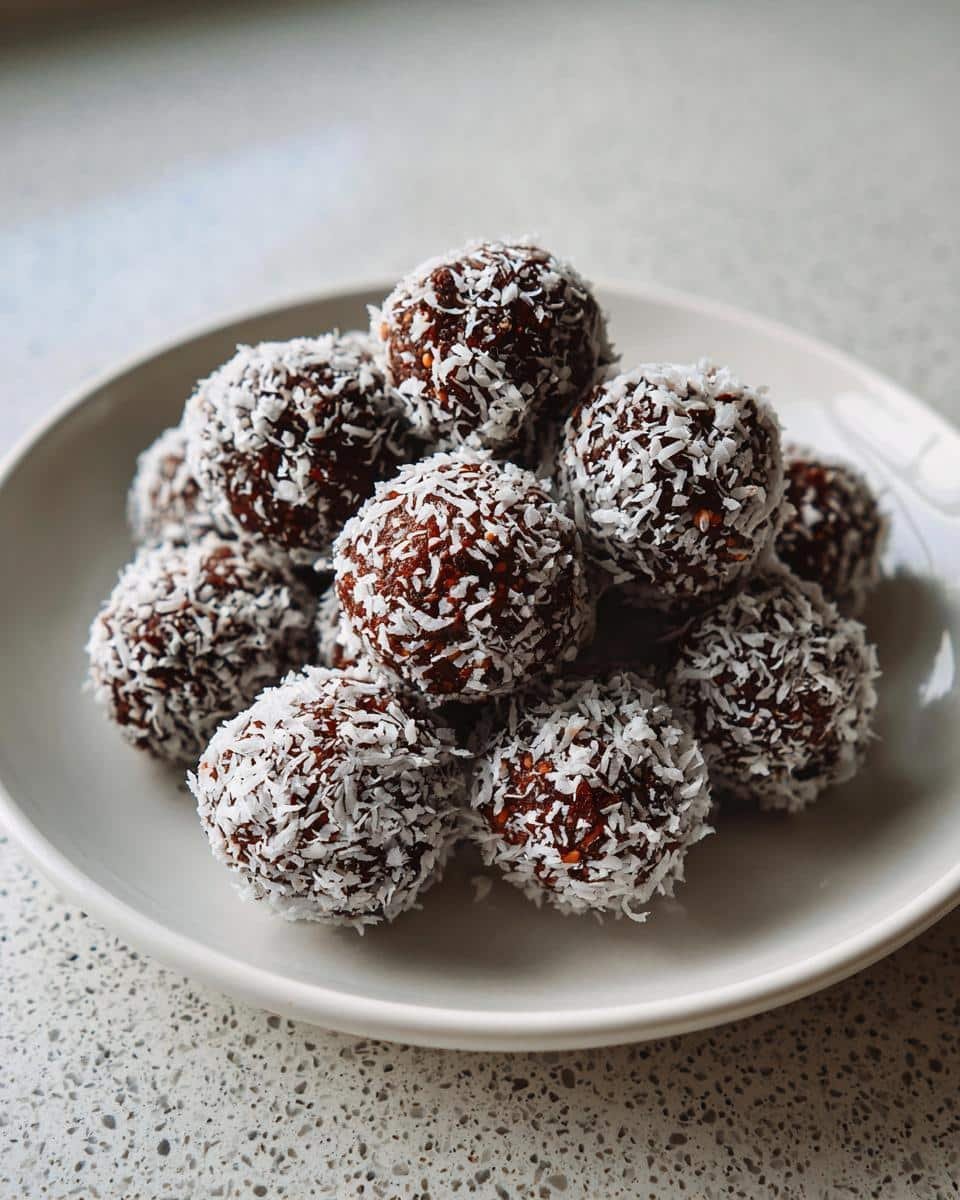 Easy No-Bake Dubai Chocolate Balls Recipe: Just 5 Items 7 A pile of No-Bake Dubai Chocolate Balls coated in shredded coconut on a white plate.