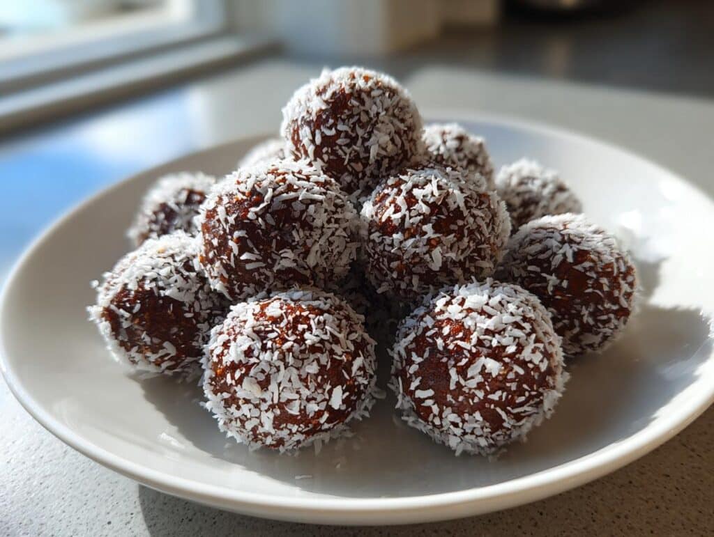 A plate of delicious No-Bake Dubai Chocolate Balls covered in shredded coconut.