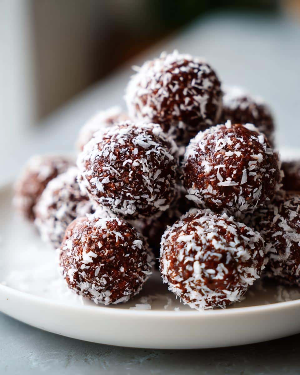 Easy No-Bake Dubai Chocolate Balls Recipe: Just 5 Items 8 A close-up of a pile of No-Bake Dubai Chocolate Balls coated in shredded coconut on a white plate.