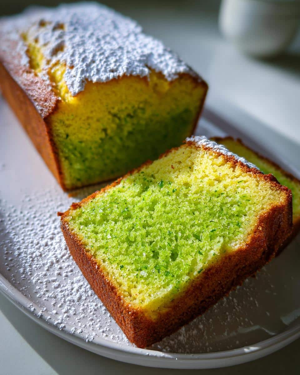 Easy 4 Ingredient Lime Loaf: Deliciously Bad 7 A sliced Easy 4 Ingredient Lime Loaf, dusted with powdered sugar, sits on a white plate.