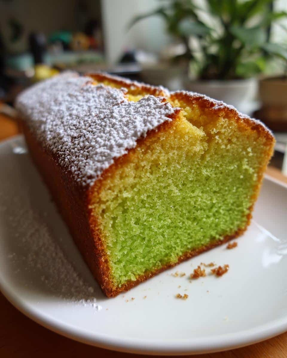Easy 4 Ingredient Lime Loaf: Deliciously Bad 9 A delicious Easy 4 Ingredient Lime Loaf, dusted with powdered sugar, sits on a white plate.