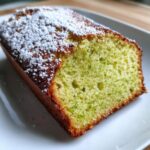 A slice of Easy 4 Ingredient Lime Loaf, dusted with powdered sugar, on a white plate.