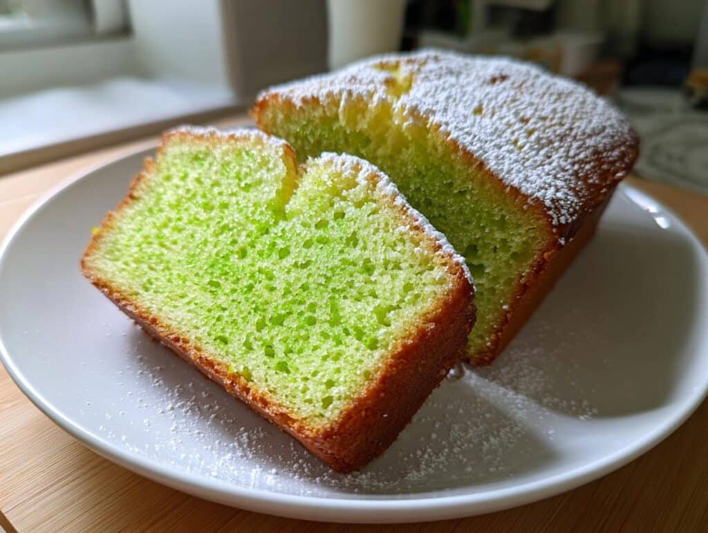 A slice of Easy 4 Ingredient Lime Loaf, dusted with powdered sugar, on a white plate.