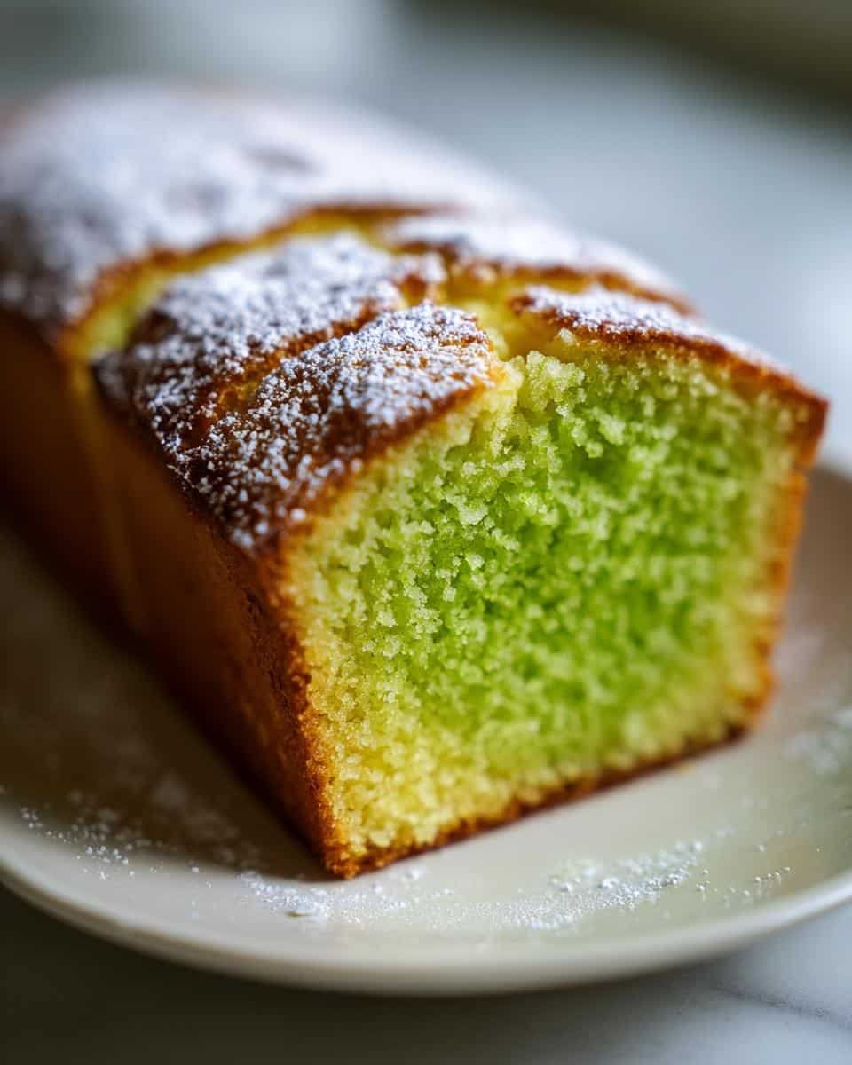 Easy 4 Ingredient Lime Loaf: Deliciously Bad 8 Close-up of a slice of Easy 4 Ingredient Lime Loaf, dusted with powdered sugar, showing the green interior.