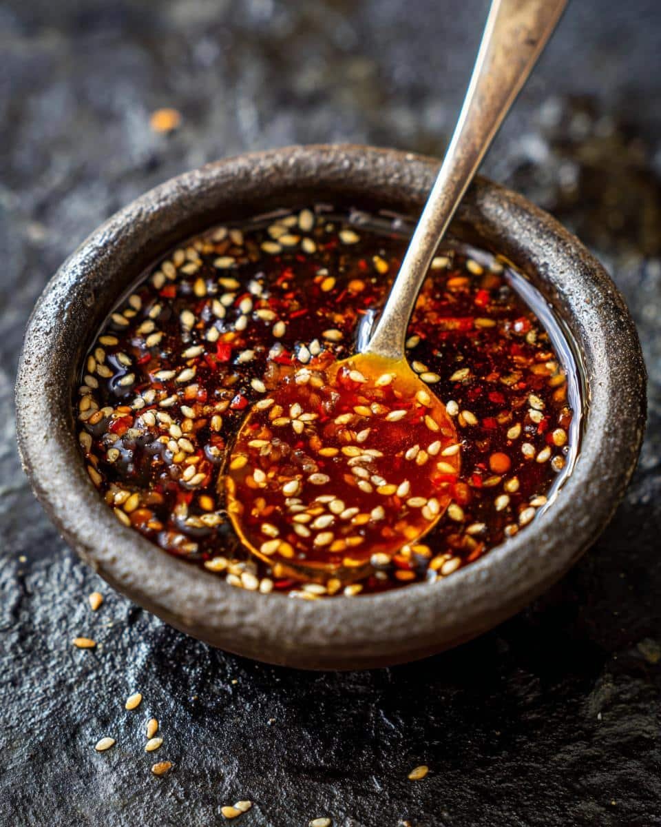 Raving 5-Minute Easy Asian Sesame Dressing Recipe 7 Close-up of Easy Asian Sesame Dressing Recipe in a bowl with a spoon, showing sesame seeds and chili flakes.