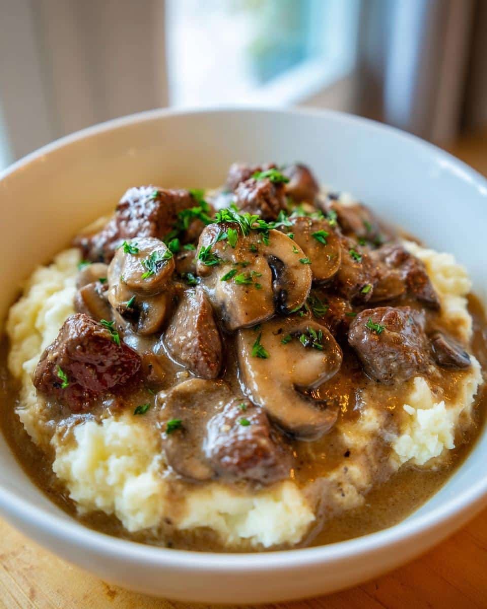 Devour Easy Beef Tips with Creamy Mushroom Gravy Recipe Now 8 A bowl of Easy Beef Tips with Creamy Mushroom Gravy served over mashed potatoes, garnished with parsley.