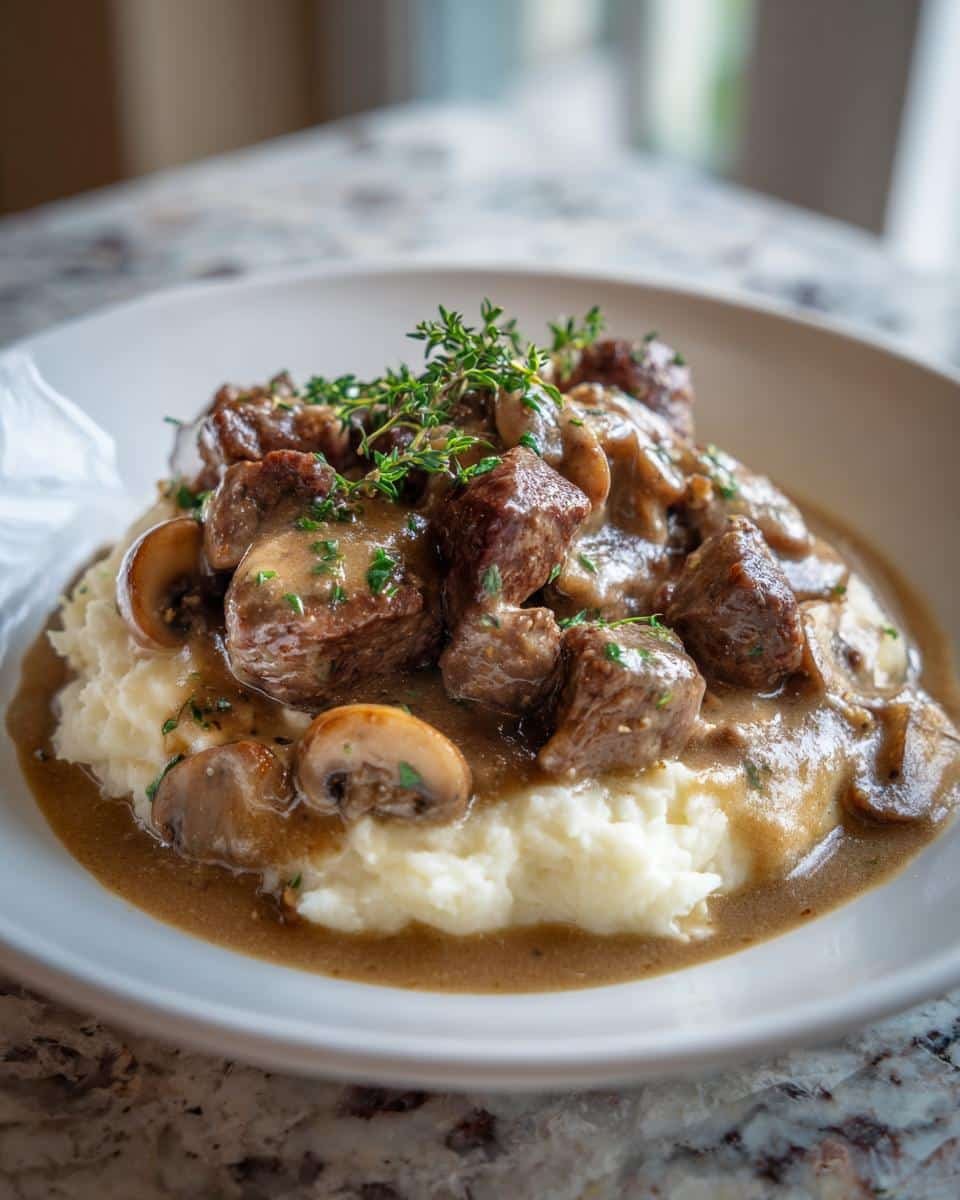 Devour Easy Beef Tips with Creamy Mushroom Gravy Recipe Now 7 A delicious serving of Easy Beef Tips with Creamy Mushroom Gravy over mashed potatoes, garnished with fresh thyme.