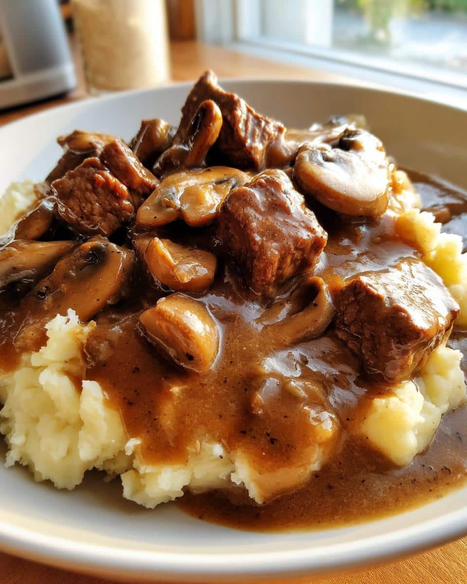 Devour Easy Beef Tips with Creamy Mushroom Gravy Recipe Now 9 A plate of Easy Beef Tips with Creamy Mushroom Gravy served over mashed potatoes.