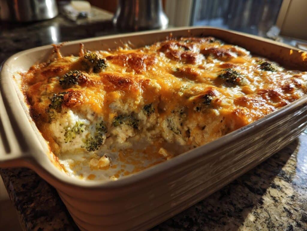 Baked Easy Low Carb Chicken Casserole in a dish, topped with melted cheese and broccoli.
