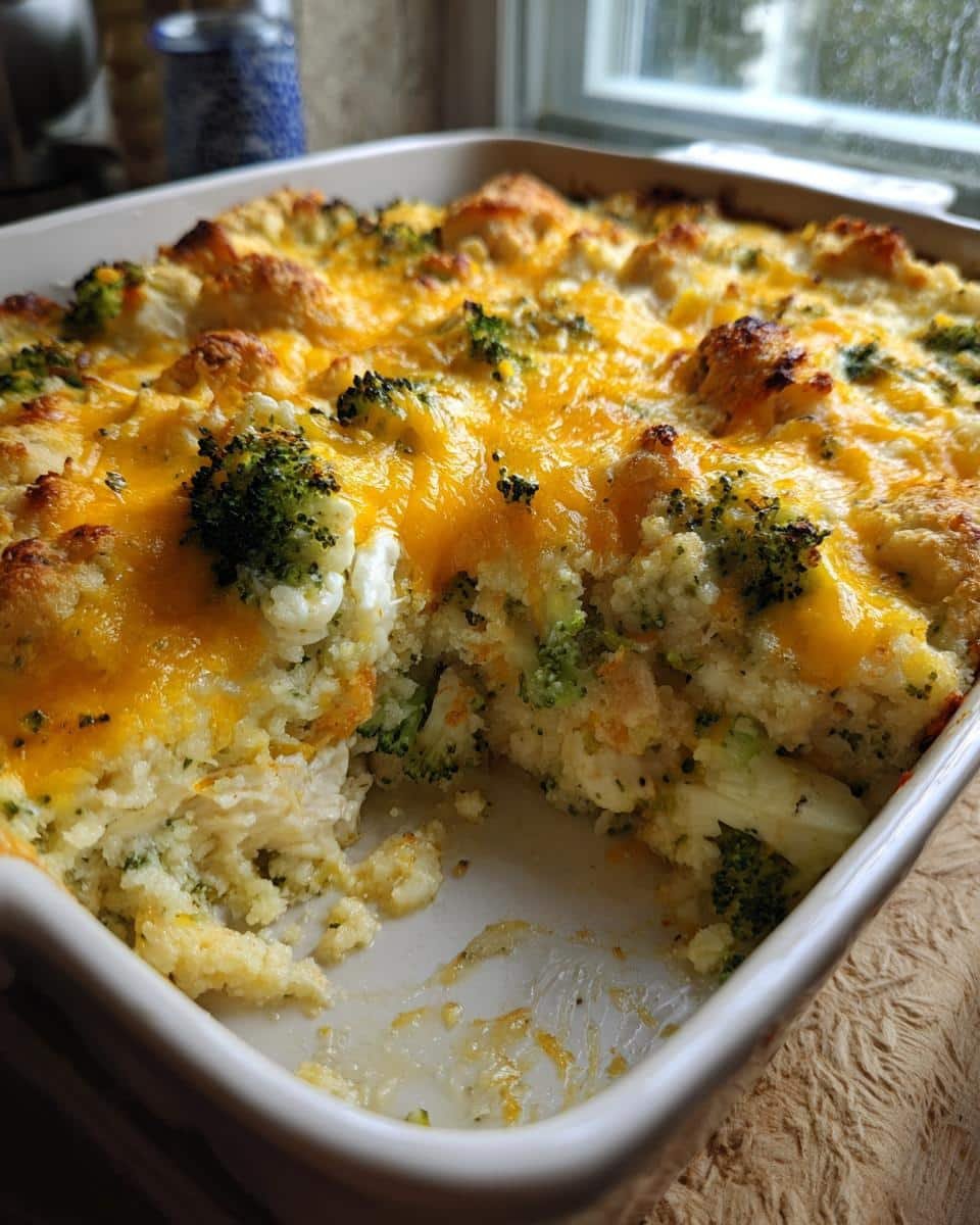 Easy Low Carb Chicken Casserole: 3 Steps to Deliciousness 8 A partially eaten Easy Low Carb Chicken Casserole with broccoli and cheese in a white baking dish.