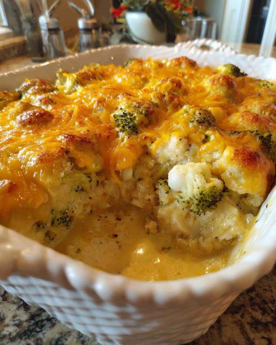 Easy Low Carb Chicken Casserole: 3 Steps to Deliciousness 9 Close-up of Easy Low Carb Chicken Casserole in a white dish, topped with melted cheese and broccoli.