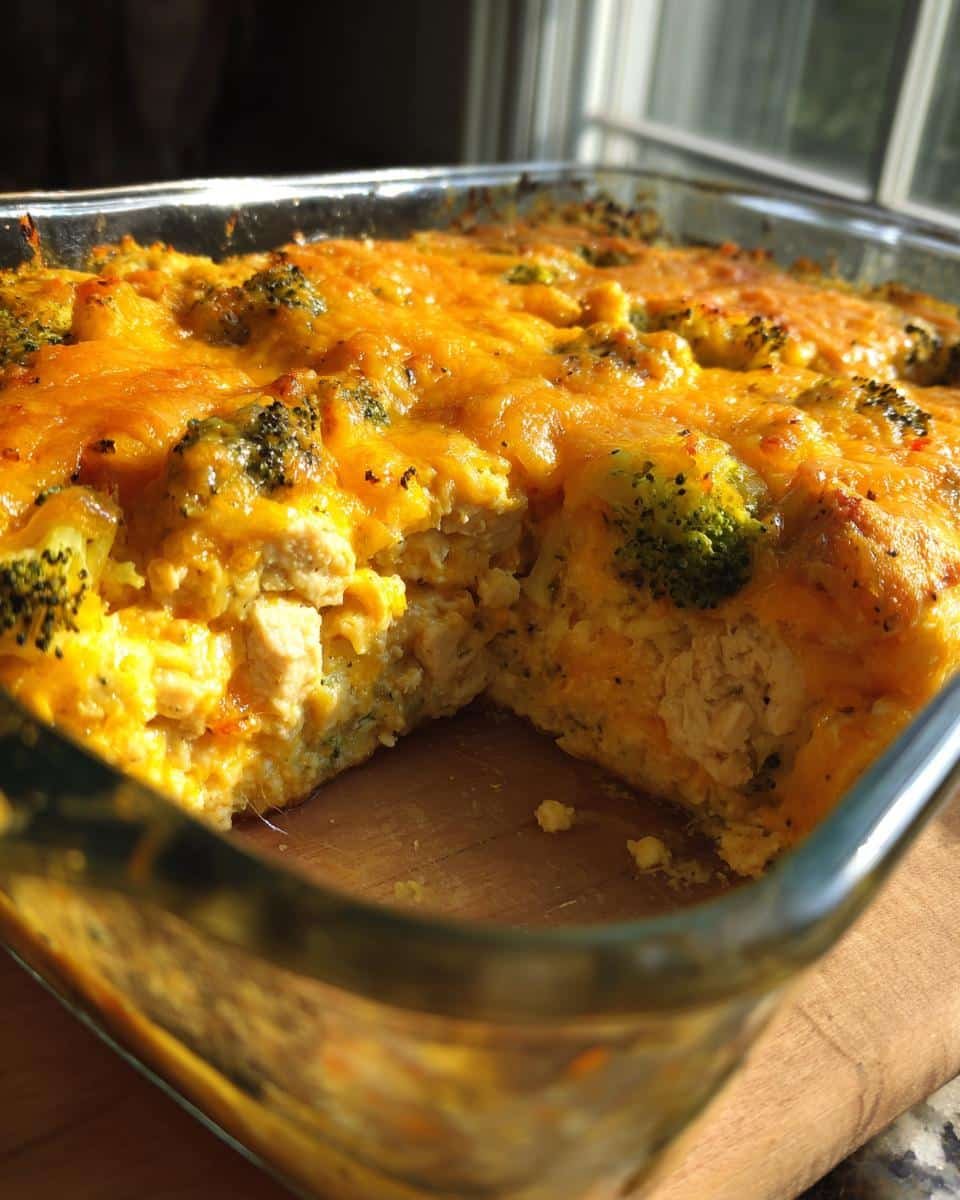Easy Low Carb Chicken Casserole: 3 Steps to Deliciousness 7 Close-up of Easy Low Carb Chicken Casserole in a glass dish, featuring broccoli and a cheesy topping.