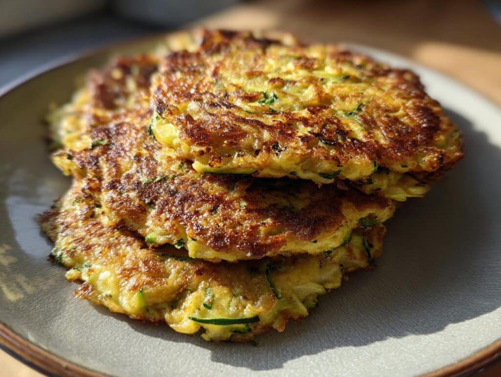 A stack of golden Easy Low Carb Zucchini Tortillas on a plate, ready to eat.