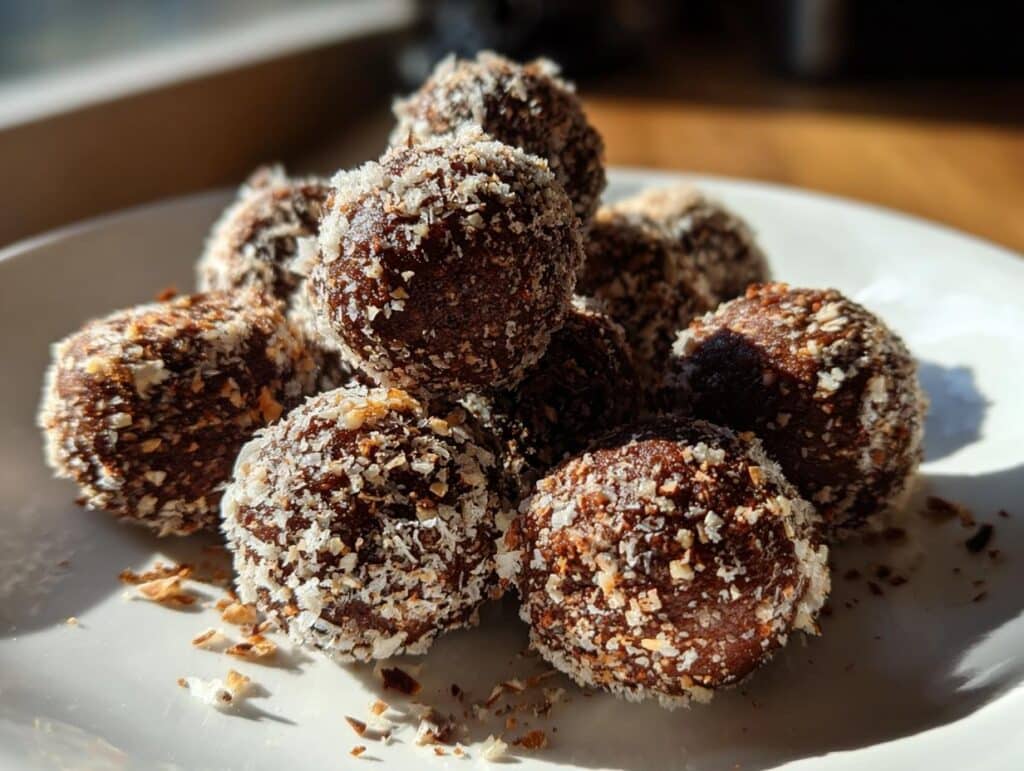 Pile of easy no-bake peppermint balls coated in shredded coconut on a white plate.