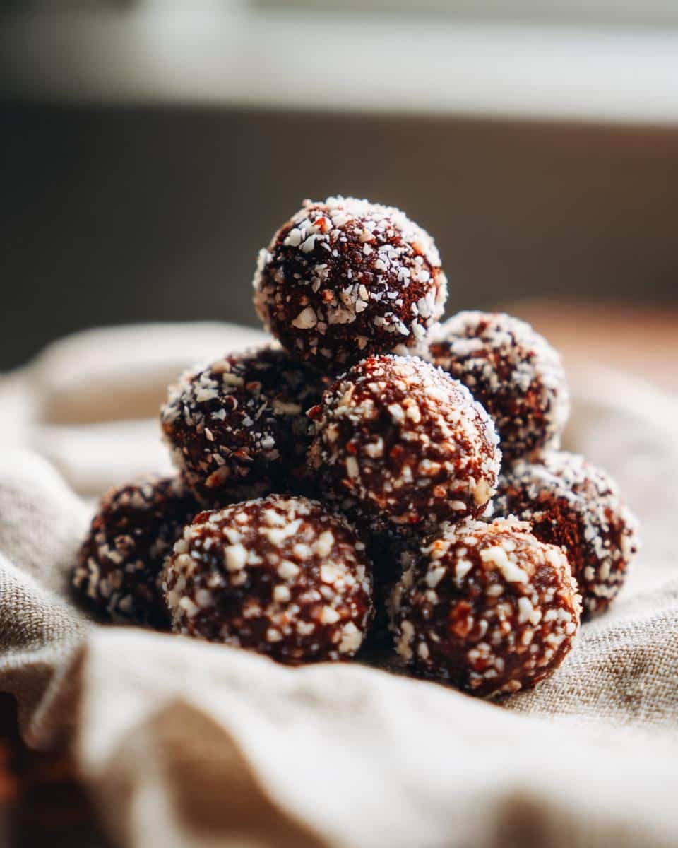 Easy No-Bake Peppermint Balls Recipe: 6 Steps to Bliss 6 A stack of homemade Easy No-Bake Peppermint Balls coated with crushed peppermint candy on a linen cloth.