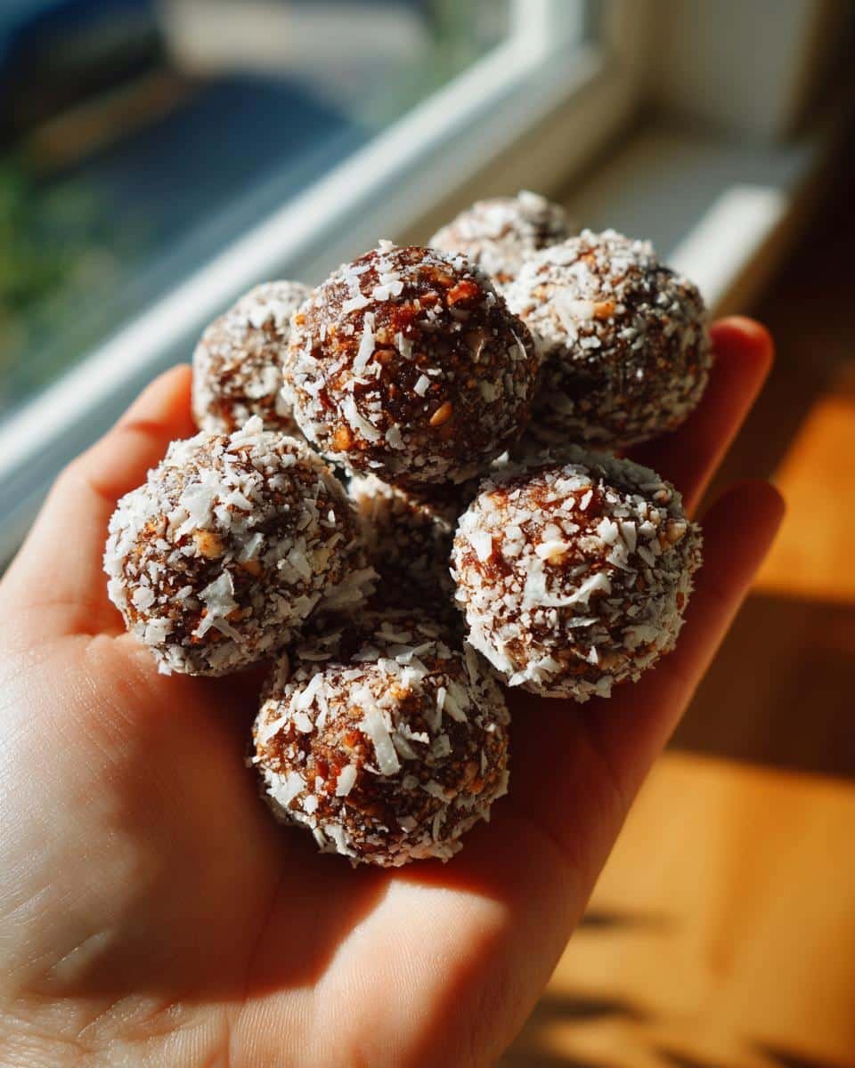 Easy No-Bake Peppermint Balls Recipe: 6 Steps to Bliss 7 A handful of Easy No-Bake Peppermint Balls, coated in coconut flakes, ready for the holidays.