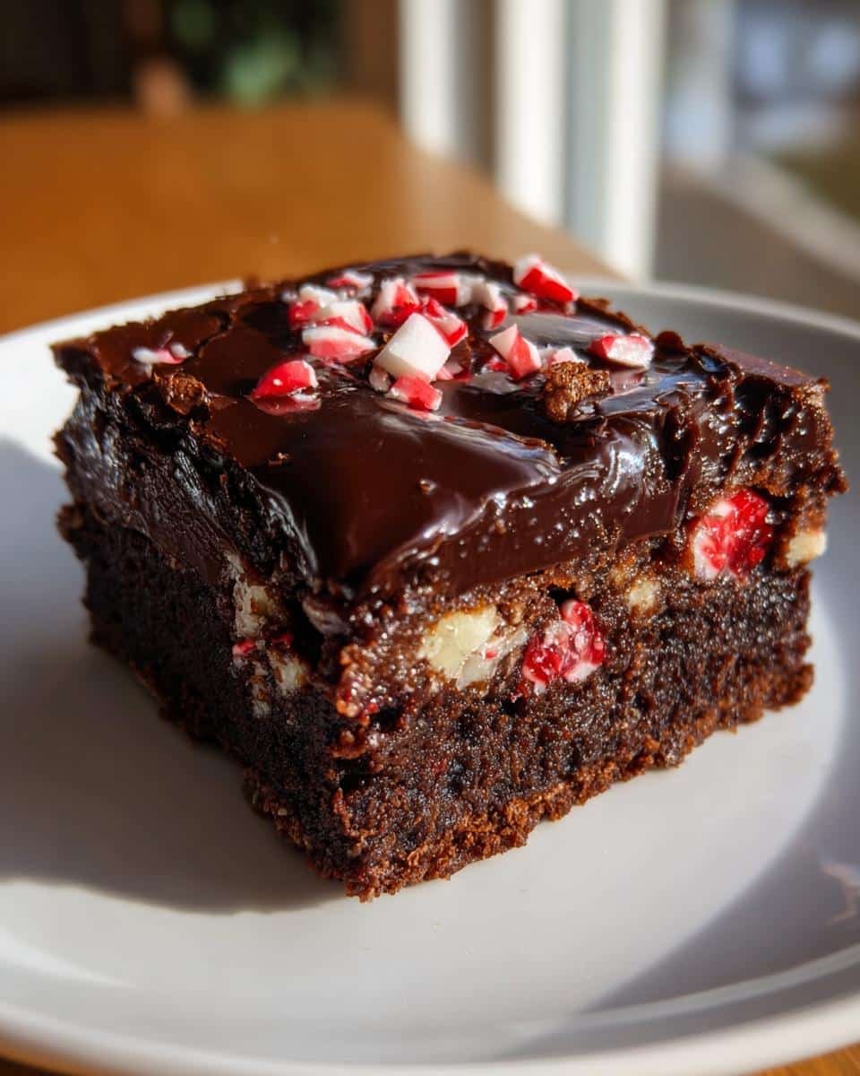 Easy One Bowl Peppermint Brownies: 4 Holiday Steps of Joy 9 A single Easy One Bowl Peppermint Brownie with chocolate ganache and crushed peppermint candies on a white plate.