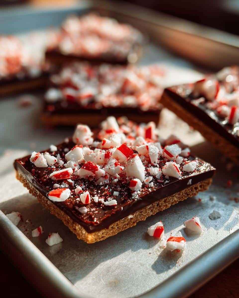 Foolproof Easy Peppermint Bark Graham Crackers Recipe 7 Close-up of Easy Peppermint Bark Graham Crackers with chocolate and crushed peppermint candies on a baking sheet.