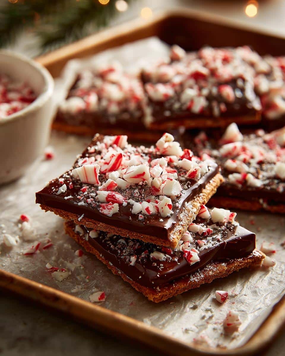 Foolproof Easy Peppermint Bark Graham Crackers Recipe 9 Close-up of stacked Easy Peppermint Bark Graham Crackers, topped with chocolate and crushed candy canes.