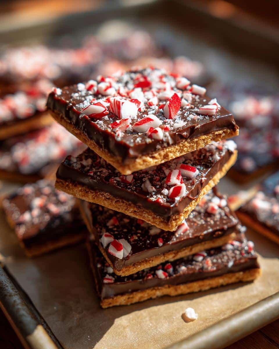 Foolproof Easy Peppermint Bark Graham Crackers Recipe 6 A stack of Easy Peppermint Bark Graham Crackers, showing the graham cracker, chocolate, and peppermint topping.