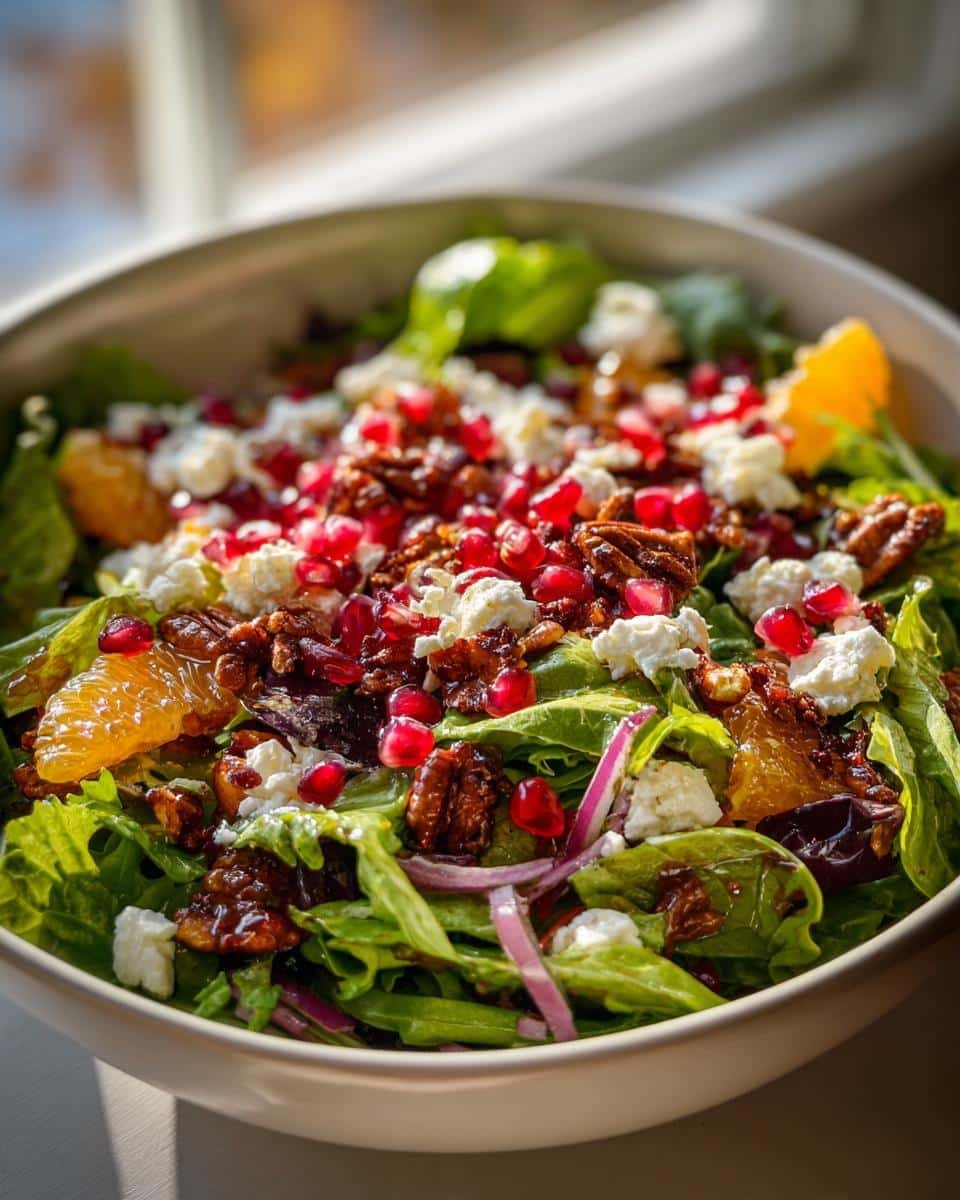 Festive Crunchy Christmas Salad: Dazzle with 9 Gems 9 A vibrant Festive Crunchy Christmas Salad with Citrus Vinaigrette, featuring greens, oranges, pecans, pomegranate seeds, and feta.