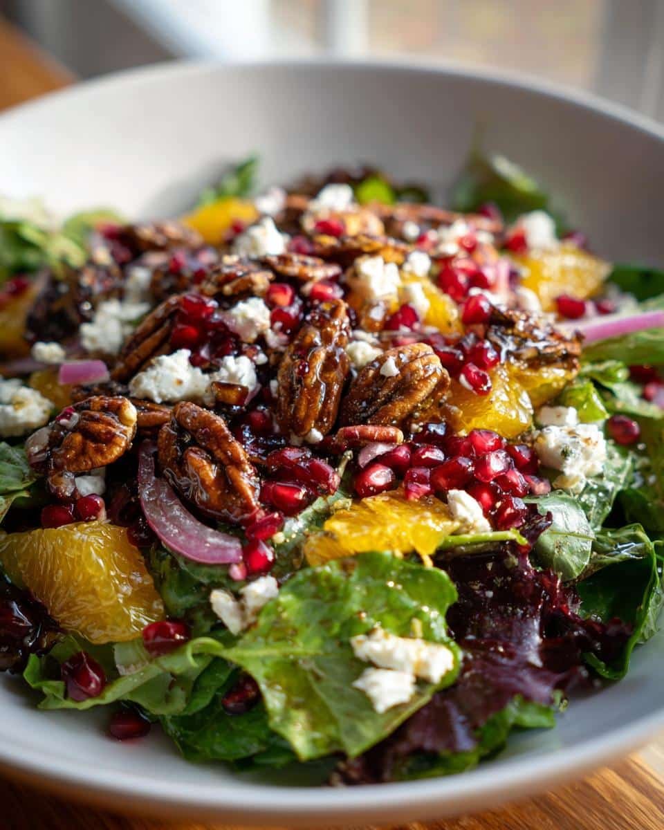 Festive Crunchy Christmas Salad: Dazzle with 9 Gems 8 Close-up of Festive Crunchy Christmas Salad with Citrus Vinaigrette, featuring greens, oranges, pecans, and pomegranate seeds.