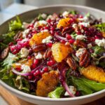 A vibrant Festive Crunchy Christmas Salad with Citrus Vinaigrette, featuring oranges, pecans, pomegranate seeds, and feta.