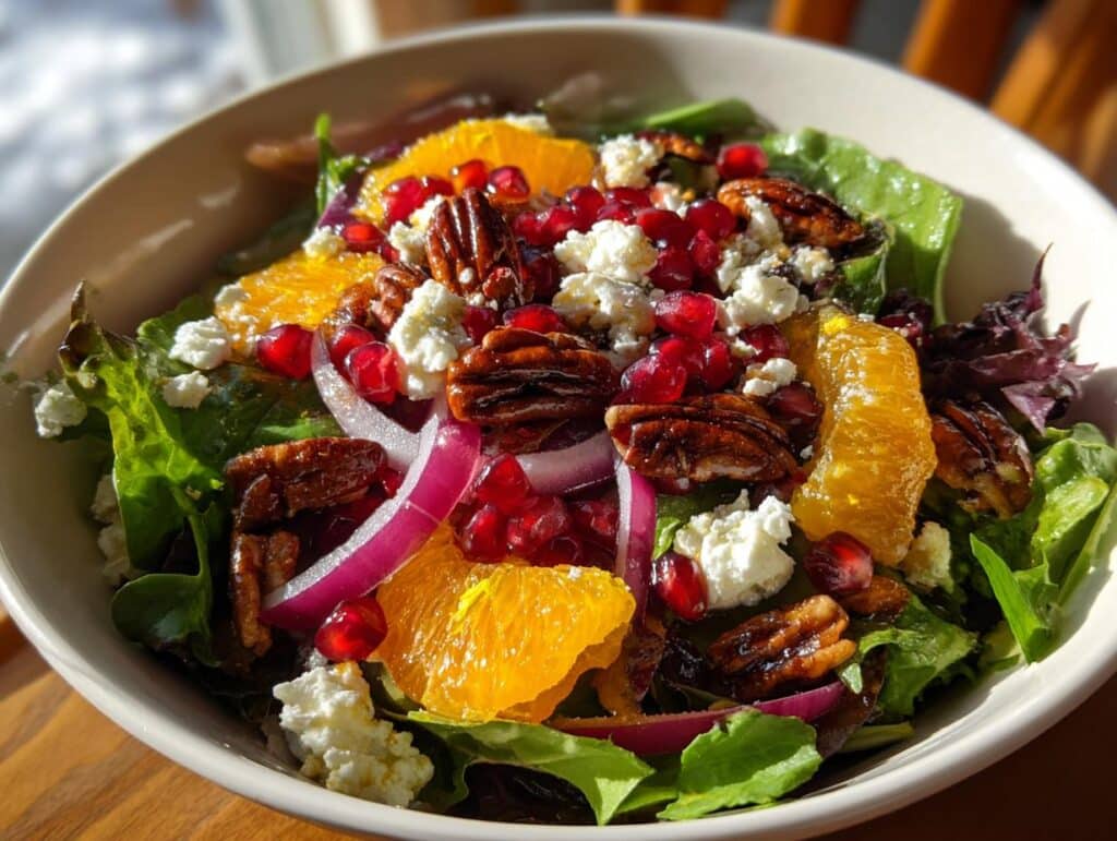 Close-up of Festive Crunchy Christmas Salad with Citrus Vinaigrette, featuring oranges, pecans, pomegranate, and feta.