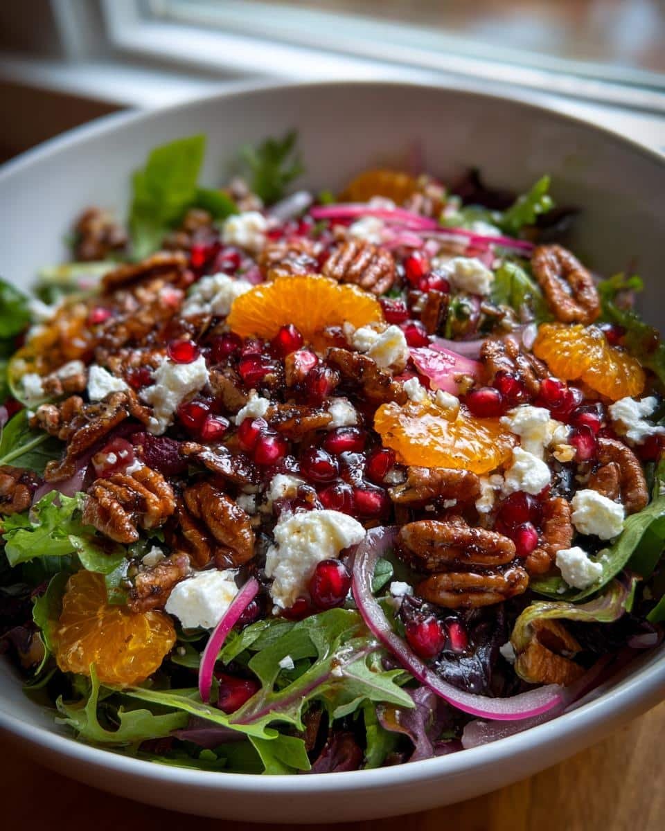 Festive Crunchy Christmas Salad: Dazzle with 9 Gems 7 A vibrant Festive Crunchy Christmas Salad with Citrus Vinaigrette, featuring greens, oranges, pecans, pomegranate, and feta.