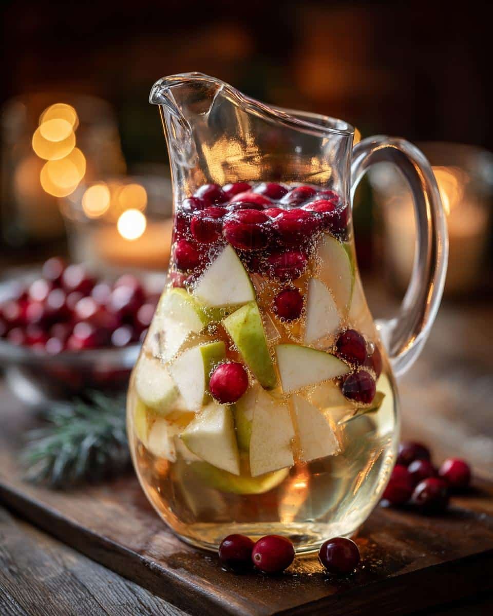 Festive White Christmas Sangria: A Wonderful Sin 6 Pitcher of Festive White Christmas Sangria with cranberries and apples, ready to serve.