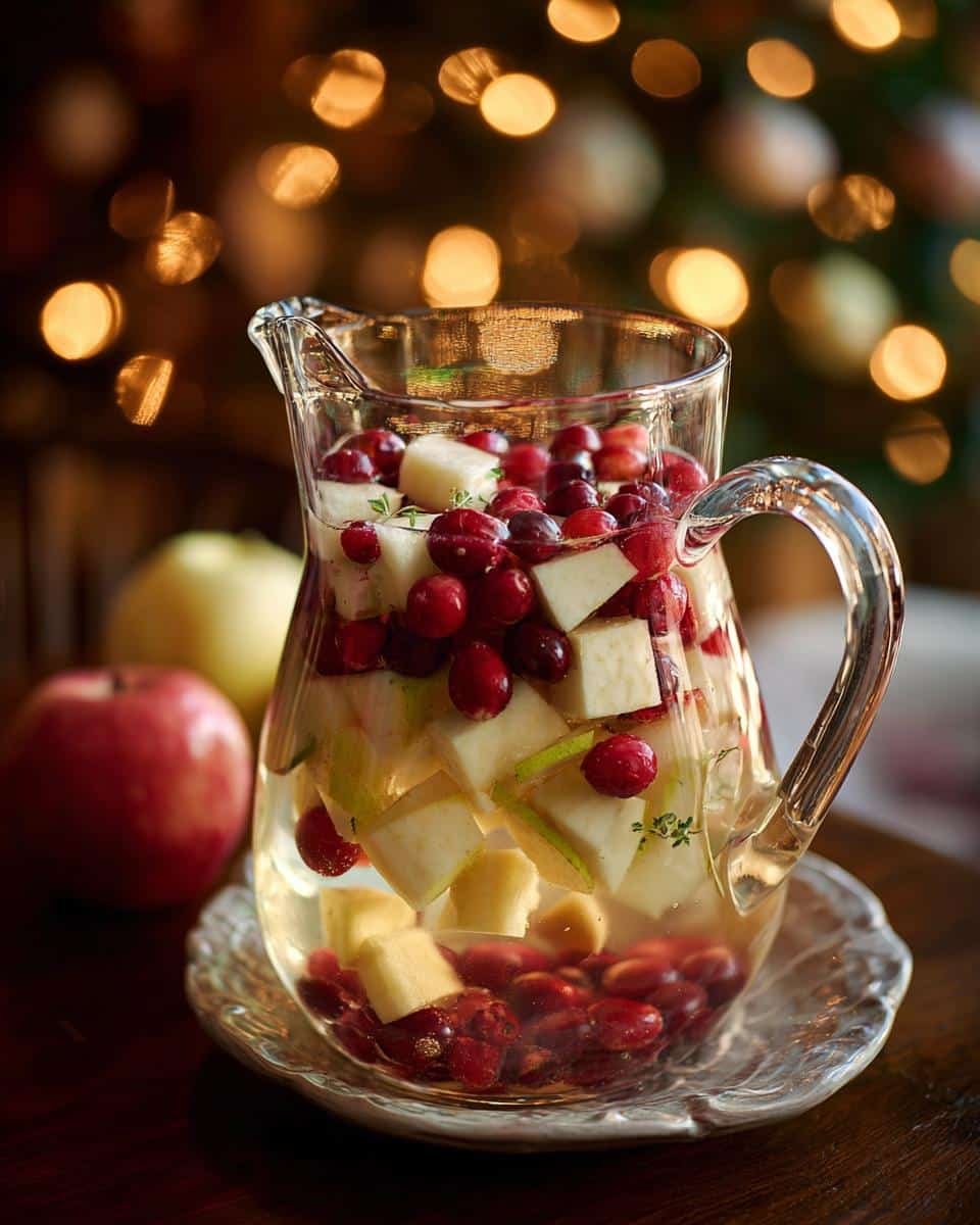 Festive White Christmas Sangria: A Wonderful Sin 7 A glass pitcher filled with Festive White Christmas Sangria, featuring cranberries and apple chunks.