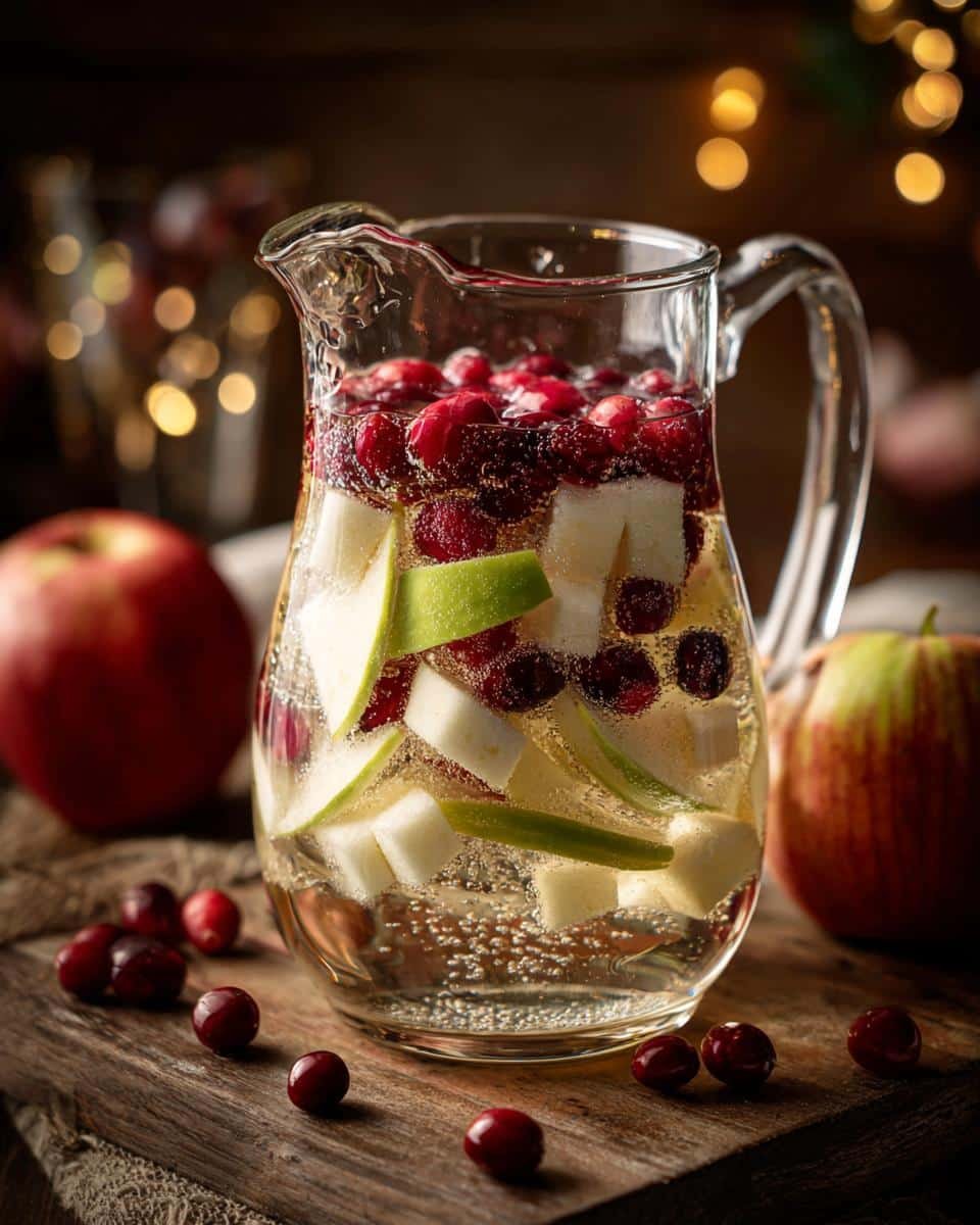 Festive White Christmas Sangria: A Wonderful Sin 8 Pitcher of Festive White Christmas Sangria with apples, cranberries, and bubbly liquid.