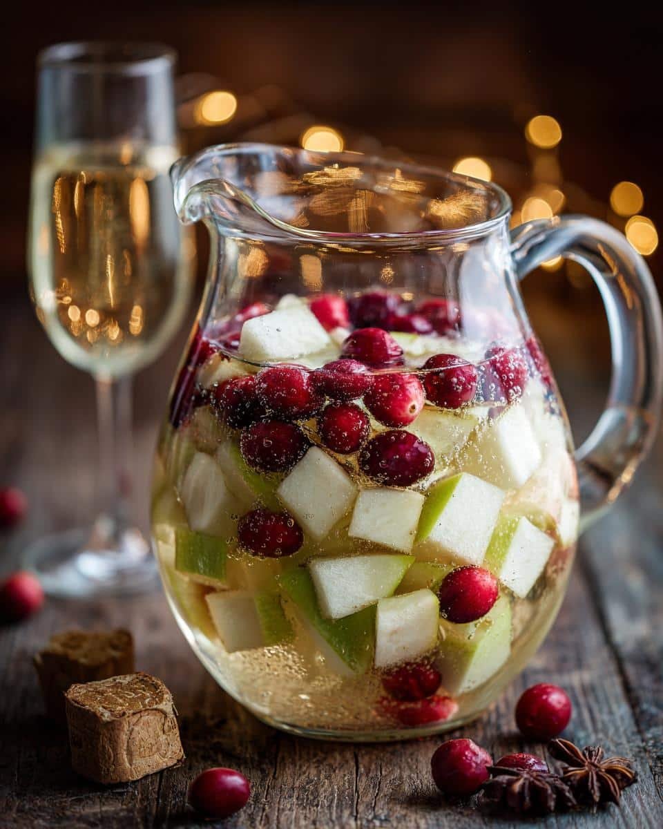 Festive White Christmas Sangria: A Wonderful Sin 9 Pitcher of Festive White Christmas Sangria with cranberries, apples, and a glass of bubbly on a wooden surface.