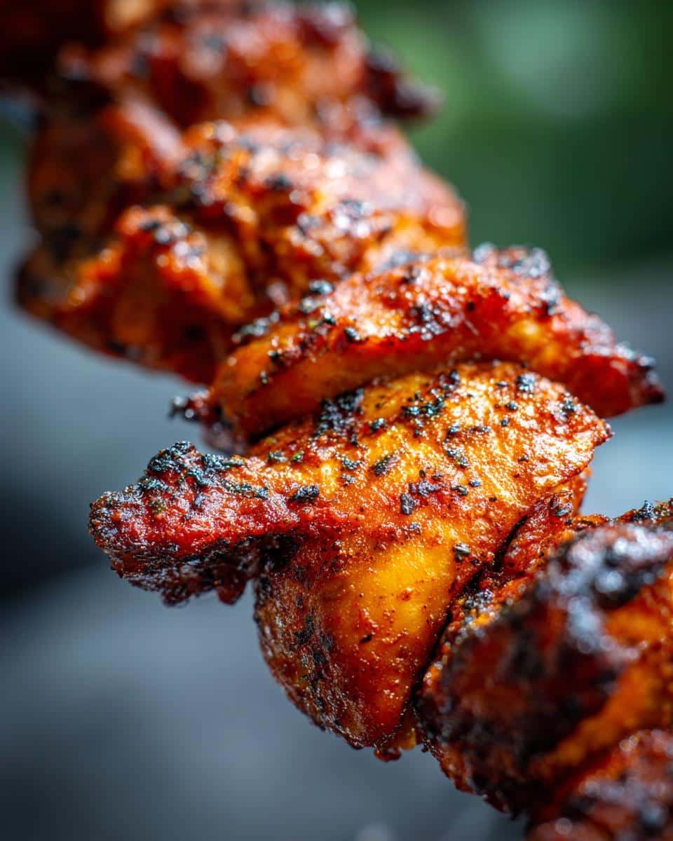 Devastatingly Delicious Firecracker Chicken Recipe: 30-Min 7 Close-up of a skewer with juicy, glazed Firecracker Chicken pieces, showcasing their vibrant color and texture.