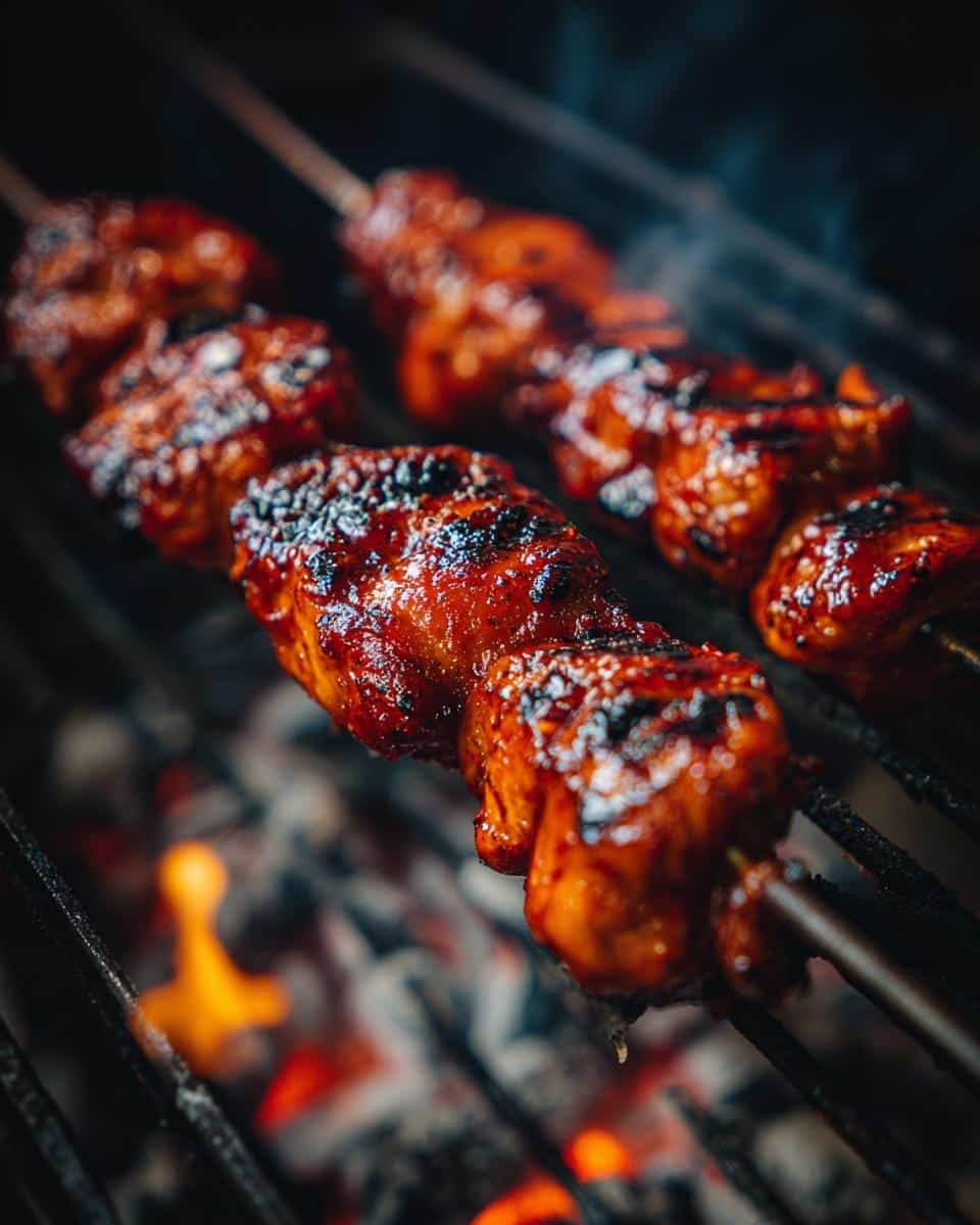 Devastatingly Delicious Firecracker Chicken Recipe: 30-Min 8 Close-up of Firecracker Chicken skewers grilling over an open flame, showing the glaze and char.