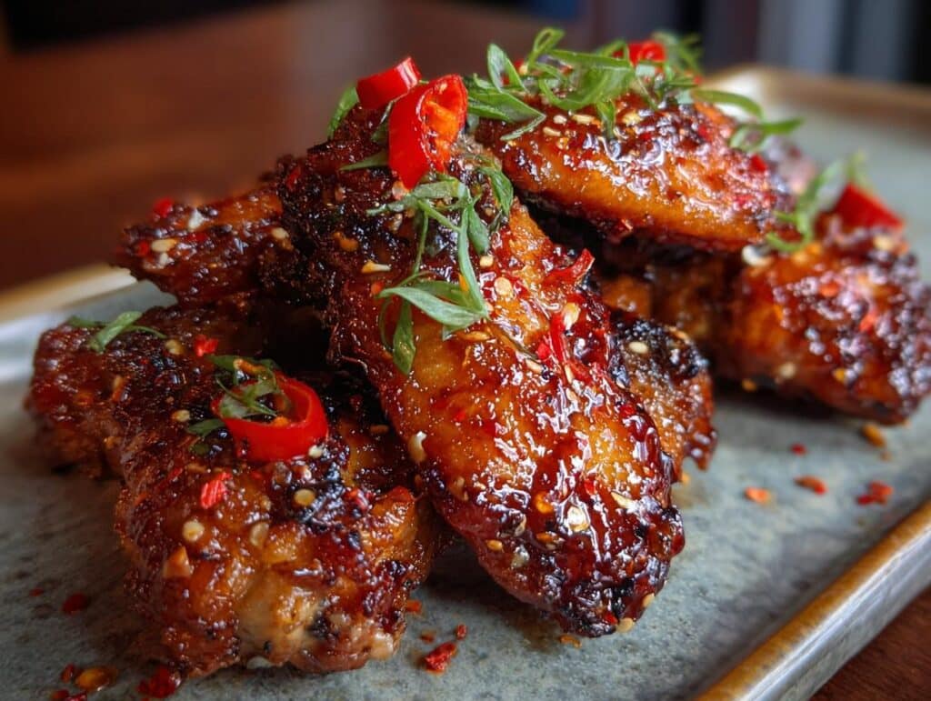 Close-up of flavorful Firecracker Chicken wings, garnished with red pepper and herbs.